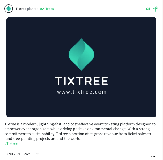 A screenshot of Tixtree's first tree planted.